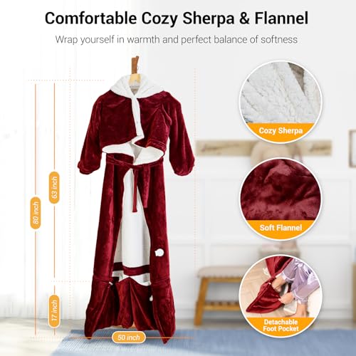 Wearable Heated Blanket Electric with Removable FootPocket,Snuggle Heated Blankets Hoodie with Sleeves Heated Robes for Women Flannel&Sherpa Heating Throw Blanket Shawl with 9 Temp for Winter 50"x80" - color: Burgundy, size: 50"×80"