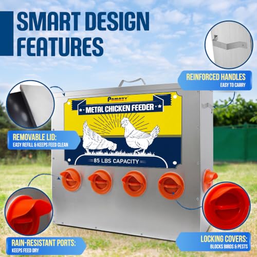 85lbs Large Capacity Metal Chicken Feeder, Galvanized Poultry Feeder Trough | Chicken Feeder No Waste, Rainproof Poultry Feeders, Preventing Small Animals, Suitable for Chickens, Ducks, Turkeys