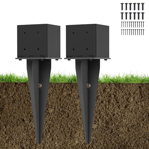2 Pcs 22" Fence Post Anchor Ground Spike|Black Powder-Coated|6"x6" | Actual 5.6"x5.6" Heavy Duty Metal Fence Post Anchor for Deck| Fence| Porch| Railing| Mailbox - size: 2 Pcs, style: 6"x 6"