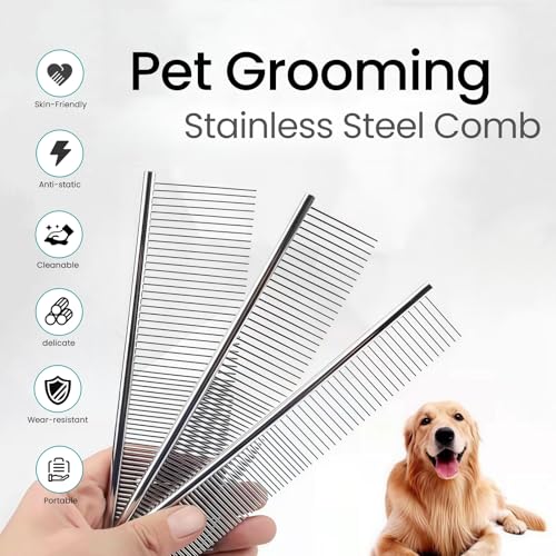 MEDUWEDU [3 Pack] Stainless Steel Pet Comb Set – Grooming Combs for Dogs & Cats, Large Medium Small Sizes – for Long, Short, Curly Hair, Detangling Matted or Knotted Undercoat Hair