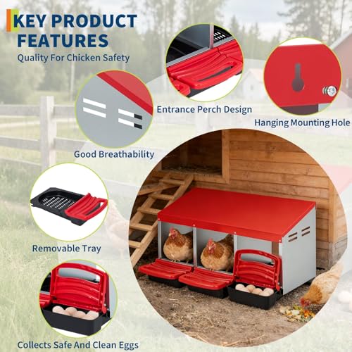 Chicken Nesting Boxes for Chickens Laying Eggs, 3 Hole Roll Away Egg Collection Box for Chicken Coop, Wall Mount Metal Nesting Box, Easy Egg Collectio