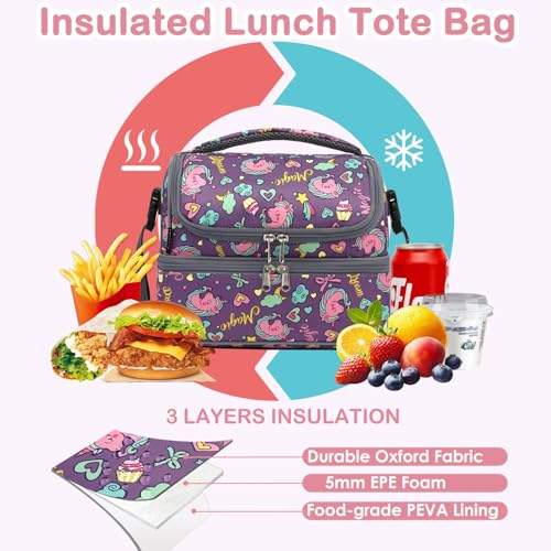 FlowFly Double Decker Cooler Insulated Lunch Bag Large Tote for Boys, Girls, Men, Women, With Adjustable Strap (Purple-Unicorn) - color: Purple-Unicorn