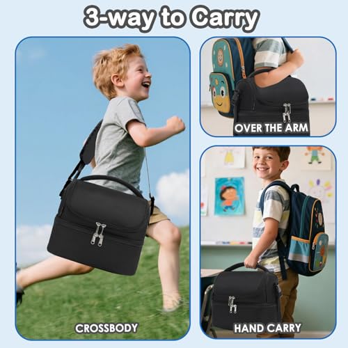 FlowFly Double Decker Cooler Insulated Lunch Bag Large Tote for Boys, Girls, Men, Women, With Adjustable Strap,Black - color: Black