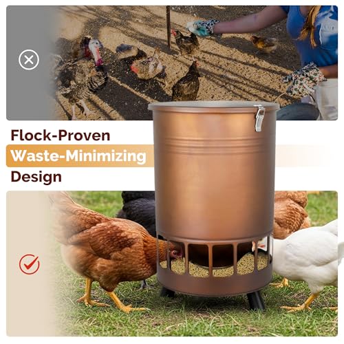 Solution4Patio 50LB No-Waste Chicken Feeder, Large Capacity Gravity Dispenser with Spill Control & 16 Feeding Ports Poultry Feeder for Outdoors & Hen Coop (Brown) - color: Brown
