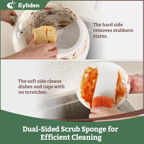 Eyliden 6 Pack Scrub Sponge, Dual-Sided, Smart-Temp Firmness, Dish Scrubber | Non-Scratch, Multi-Surface Safe Cleaning Sponges for Kitchen, Bathroom, Dish Scrubbing, Cute Cat Smile Design