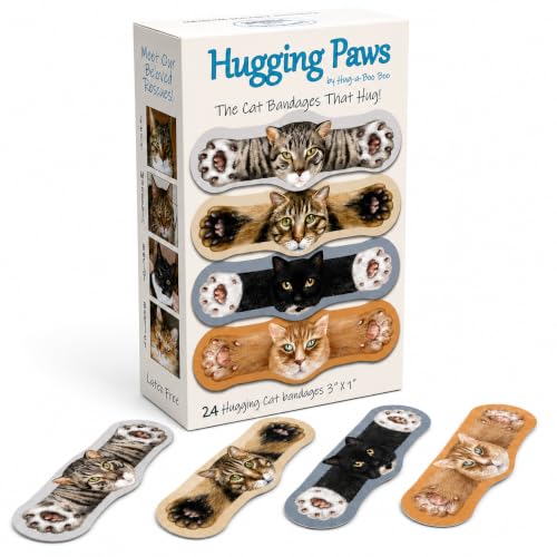 Hugging Paws – Cat Themed Bandages from Hug-a-BooBoo, The Friendly Kitty Bandages that Hug! Beautiful Wound Coverings Feature Paintings of Actual Rescue Cats! Great Cat Lover Gift! 24 Count Box - size: 24ct, style: Cats