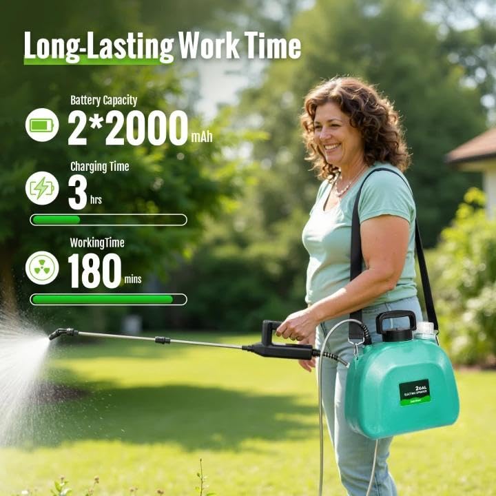 Battery Powered Sprayer 2 Gallon, Electric Pump Sprayer for Lawn & Garden | 3 Pressure Levels, LED Battery Display, 4 Spray Nozzles, Telescopic Wand, Self-Priming Pump - color: Green