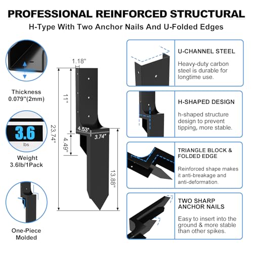 Thicker Fence Post Repair Kit-Heavy Duty Metal Steel 4''x4'' (Actual 3.58"x3.58") Fence Repair Stake-Anchor Ground Spike-Support Bracket Mender for Tilted Broken Wood-Powder-Coated Post Stabilizer