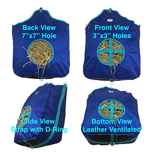 Majestic Ally Nylon Hay Feeder Tote Bag for Horse, Goat, Sheep - Double Sides Open Feed Hole with Faux Leather Ventilated Bottom- Premium Quality -Simulates Grazing - Reduces Waste (Royal Blue) - color: ROYAL BLUE
