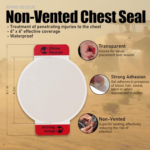 RHINO RESCUE Non-Vented Chest Seal, IFAK First Aid Supplies (2 Count) | Sterile Emergency Trauma Dressing, Occlusive Adhesive Pad Medical for Wound Care, Gunshot, Sucking Chest, HSA/FSA Approved - size: No-Vent
