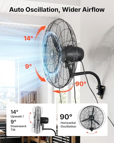 VEVOR Wall Mount Fan, 24 in Wall Mounted Hanging Fan with Oscillating & Mist, IP44-rated, 3-Speed, Powerful Air Reach, Mechanical Control, Long Airflow for Industry, Commercial, Garage, Workshop