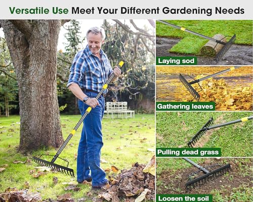 Heavy Duty Metal Bow Rake for Lawn , 17 Steel Tines Garden Rake | 17 Inch Wide, 35"-67" Adjustable Long Handle, Ideal Garden Tool for Soil Leveling, Leaf Gathering & Lawn Care
