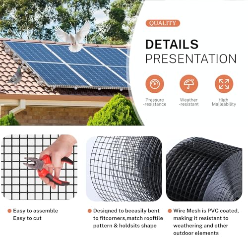 Solar Panel Bird Guard Kit, 6in x 100ft PVC Coated Heavy Duty Steel Mesh | with 60 PCS Clips, Pigeon & Squirrel Critter Guard, Roof Protection Net, Rodent Prevention System for Solar Panels
