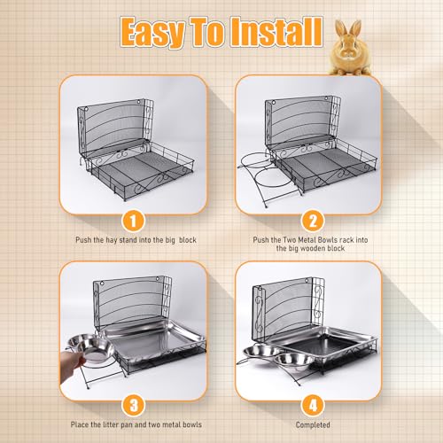 3 In1 Rabbit Hay Feeder with Litter Box Metal Bunny Feeder | Bunny Litter Box, Hay Feeding with Water Food Bowls, Litter Box For Guinea Pig Rabbit Chinchillas Small Animals