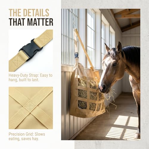Slow Feed Horse Hay Bag, Heavy Duty Polyester Single Side Feeding Hay Pouch, Easy Hanging Feed Bag for Horse Stall and Trailer