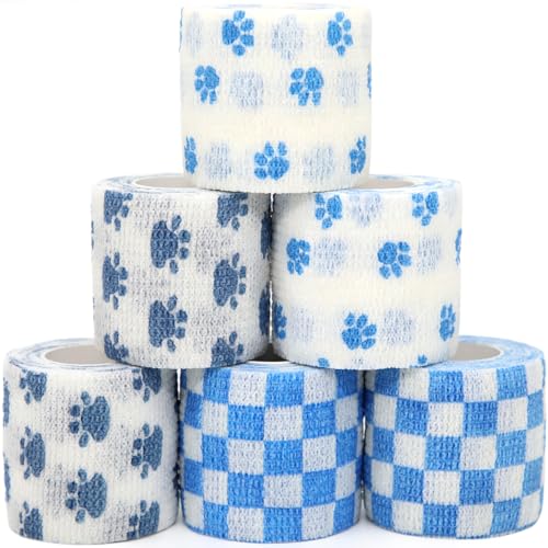 Self Adhesive Bandage Wrap Animal Cohesive Bandage Self Adherent Wrap First Aid Tape for Dogs Cats Horses Birds & Wrist Healing Ankle Sprain (2 Inch Blue White Set 6 Rolls) - color: 2 Inch Blue White Set 6 Rolls