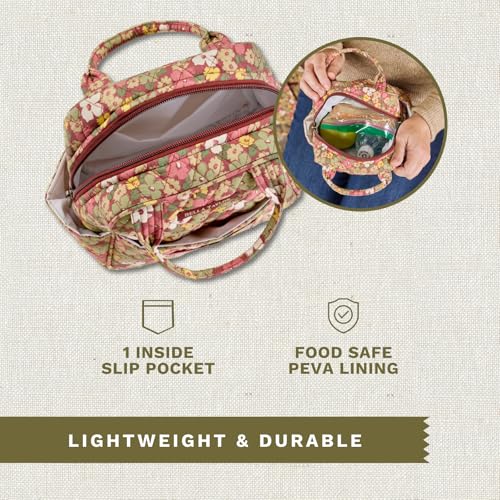 Bella Taylor Lunch Tote, Quilted Lunch Bag, Autumn Garden | Lightweight quilted cotton lunch box, easy-to-clean PEVA lining, 3 outside/1 inside pocket, durable construction - color: Autumn Garden