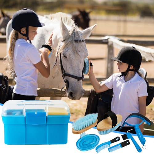 Cunhill 9 Pieces Horse Grooming Kit with Organizer – Curry Comb, Hard & Soft Brushes, Hoof Pick, Sweat Scraper, Sponge – Grooming Supplies for Horses, Riders & Beginners