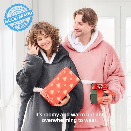 JOYWOO Oversized Wearable Blanket Hoodie,Cat lovers Long Hoodie Blanket for Adult,Birthday Gifts for Women Men Mom,Cozy Fuzzy Sherpa Fleece Sweatshirt Hooded Blanket with Giant Pocket Gifts, Grey - color: Grey, size: Oversize