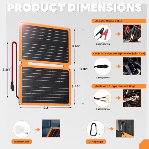 FieryRed 20W 12V Solar Panel Car Battery Charger & Maintainer, Foldable Trickle Charger with Built-in Controller, Cig Plug, Alligator Clips, USB-C, USB-A Outputs for Car, Boat, RV, Tractor - size: 20W