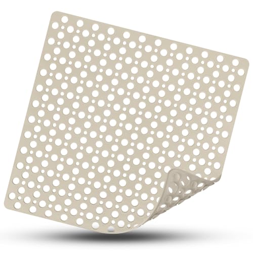Square Shower Mat Non Slip, 27" x 27" Large Shower Mats for Inside Shower, Soft TPE Shower Floor Mat with Suction Cups and Big Drain Holes, Anti Slip Shower Stall Matt, Khaki - color: Khaki