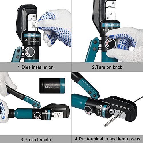 Hydraulic Crimping Tool for 1/8"-3/16" Cable Railing Kits, 10-Ton Crimper | 9 Hardened Dies, One-Hand Use, Hydraulic Crimper for Cable Railing Hardware, Wire & Battery Cable Crimping 12-2/0 AWG DC01 - color: Silver