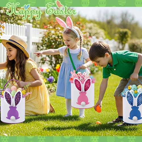 Honeydak 4 Pcs Lighted Easter Baskets for Kids Bunny Easter Egg Hunt Bags Canvas Tote Gift Bags Egg Buckets with Handles for Eggs Hunt, Toys, Candy, Gifts Party Favors(Paillette Rabbit Ear) - style: Paillette Bunny Ear
