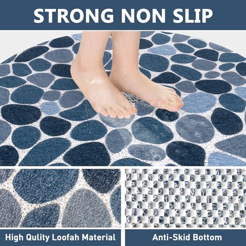 Anti Slip Shower Mat, 24 Inch Diameter Round Non Slip Shower Mats for Inside Shower, Soft Loofah Shower Floor Mat with Center Drain Hole, Quick Drying - color: Cobblestone