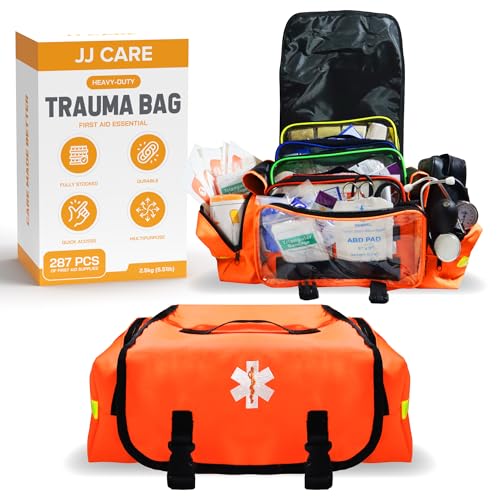 JJ CARE Trauma Bag (287 pcs), Fully Stocked EMT Medical Bag for Professionals, First Aid Emergency Medical Kit, First Responder Kit Essentials with Organizer Pouch