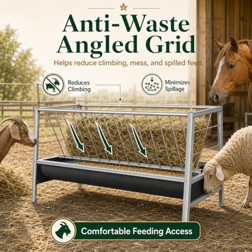 98 Gallon Livestock Feeder, Hay Feeder for Goats Sheep Calves and Horses | Anti-waste stainless steel goat feeder with rubber trough supports hay and feed access for goats, sheep, calves and horses.