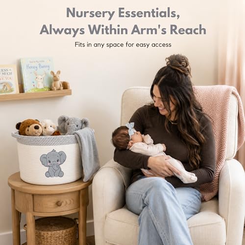 Elephant Baby Storage Basket, Woven Cotton Rope Nursery Bin, 15x11 in | Stuffed Animal and Blanket Storage, Soft Felt Elephant Patch, Neutral Baby Room Decor, Baby Shower, Kids Playroom Organizer - color: Neutral Elephant