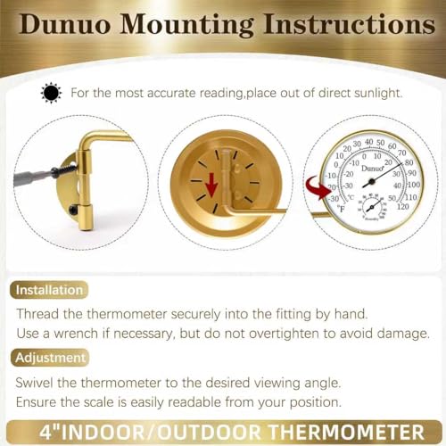 4-Inch Golden Brass Outdoor Thermometer & Humidity Gauge, Analog Dial | Weatherproof Battery-Free Analog Hygrometer, °F/°C Dual Scale, Adjustable Swivel Bracket for Patio, Window & Greenhouse - size: 4inch gloden case+ white dial