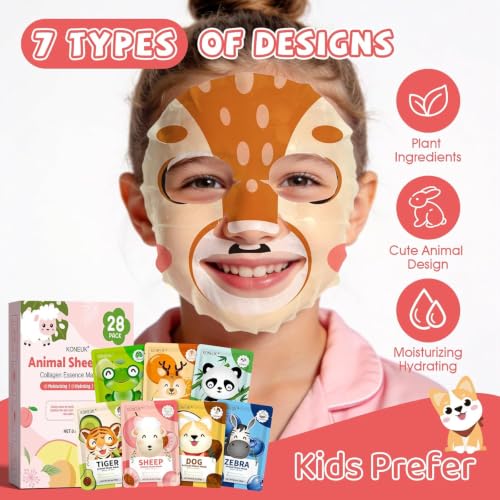 28 Pack Animal Collagen Face Masks for Girls, Bulk Hydrating Face Mask | for Kids Teens, Skin Care for Kids, Suitable for Dry Skin, Spa Party Supplies and Birthday Gifts