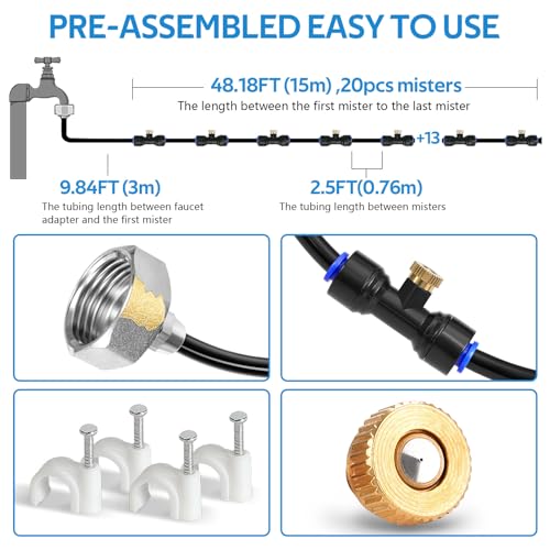 Misting Cooling System 59FT (18M) Misting Line + 20 Brass Mist Nozzles + Brass Adapter(3/4") Outdoor Mister for Patio Backyard Garden Greenhouse Watering - size: 59FT / 18M