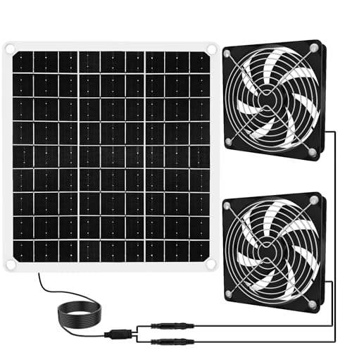 15W Solar Powered Fan for Chicken Coop, Solar Panel Fan Ventilation Exhaust Kits for Greenhouse Outside Shed Doghouses Pet House, Included 2 IP65 Waterproof Fans