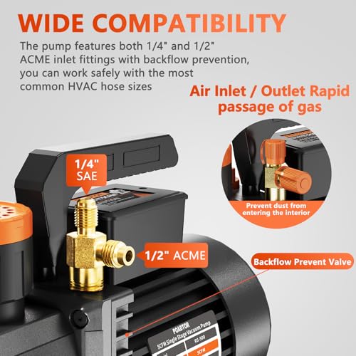 5CFM Vacuum Pump, 1-Stage HVAC Vacuum Pump | 1/2HP 38 Micron 110V Air Conditioning Kit for R12 R22 R134a R410a, HVAC/AUTO AC Refrigerant Recharging, Oil Included