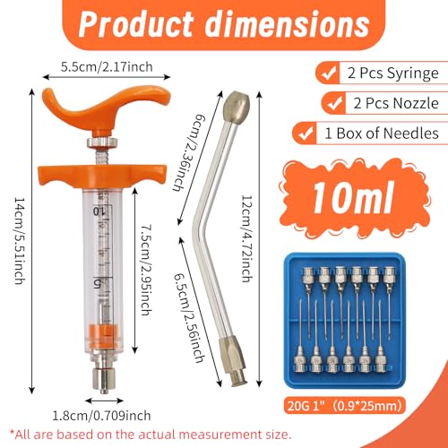 2 Pcs Goat Syringe Reusable Adjustable Goat Drench Syringe with 2 Drench Nozzle and Needles, Feeding Supplies for Cattle, Sheep, Goats, Horse, Pig, Dog (Orange, 10ML) - color: Orange, size: 10ML