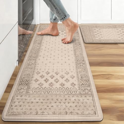 Kitchen Anti-Fatigue Mat, 2PCs, 17.3"x47"+17.3"x29", 0.4" Thick | PVC Non-Slip Cushioned Comfort Washable Floor Rug, Ergonomic Standing Rugs, Easy Clean for Home, Sink, Laundry - color: Beige-1