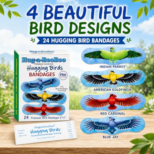 Hugging Birds - Premium Adhesive Bird Bandages from Hug-a-BooBoo, The Bird Bandages that Hug! Pretty Colorful Birds - American Goldfinch, Blue Jay, Red Cardinal, Indian Parrot 24 Ct Box - size: 24ct, style: Hugging Birds