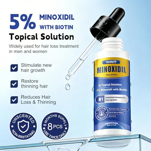 8 Pack 5% Minoxidil Hair Growth Treatment for Men and Women, Extra Strength Minoxidil Liquid Solution for Thicker, Fuller Hair, Beard Growth Serum, Biotin & Castor Oil Enriched,8 Month Supply