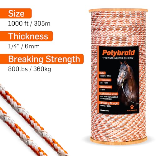 Electric Fence Polybraid 1000ft Thickness 1/4" - Premium Heavy Duty Braided Polyrope - High Visible Rope Fencing for Horse, Cattle, Livestock - 6 Wire Conductors: 2X Cooper and 4X Stainless Steel - size: 1000ft / 305m