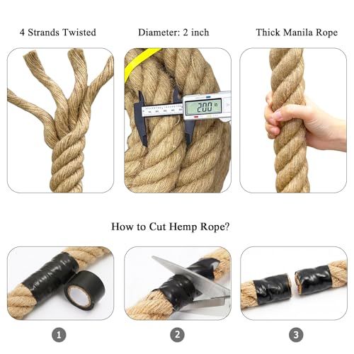 Natural Jute Rope (2 Inch x 25 Feet) Thick Hemp Rope Twisted Manila for Deck Railings, Swing Bed, Tug of War, Docks, Nautical, Decorating - size: 2 Inch x 25 Feet