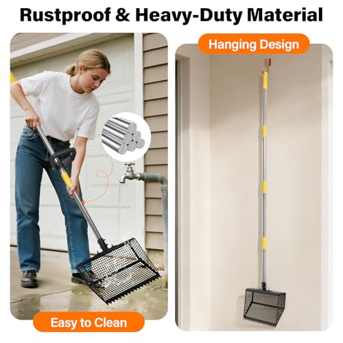 AsFrost 2-in-1 Chicken Poop Scooper & Rake for Chicken Coop | 12" Heavy Duty Litter Scooper Sand Sifting Shovel, Adjustable 26" to 76" Stainless Steel Handle for Small Farm & Sand