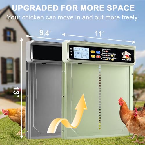 Automatic Chicken Coop Door Solar Powered with Timer, Light Sensor, Remote Control Manual Mode, LCD Display, Aluminum Alloy 4 Auto Modes Wide Size Chicken House Door, Anti-Pinch, USB Backup, Green - color: Sage Green
