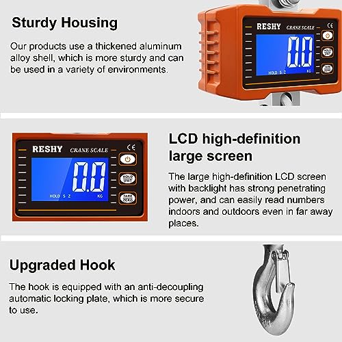 RESHY Digital Crane Scale 2200lb/1000Kg Digital Hanging Scale Industrial Heavy Duty Crane Scale for Farm,Deer,Livestock,Factory,Construction,Hunting CE Certified