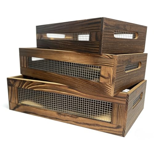 Set of 3 Wooden Crate For Kitchen Counter, Small Wood Storage Basket | Rustic Nesting Wood Organizer Box, Decorative Crates for Display, Pantry Countertop, Fruit, Vegetable, Include 3 Fabric Mats