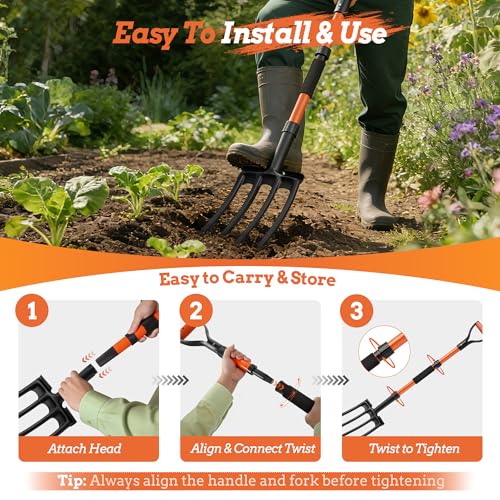 Garden Fork for Digging, 4-Tine Pitch Fork with Foot Step, Ergonomic Y-Handle & Comfortable Grip, Lightweight Durable Pitchfork for Soil Loosening, Compost, Mulch, Weeding & Potato Harvest - 43 Inches - size: 43-inchs