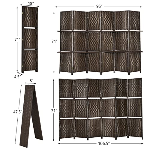 Giantex 6Ft 6 Panel Room Divider with Shelves, Freestanding Hand-Woven Rattan Folding Privacy Screens for Room Separation, Wooden Partition Room Divider Wall for Home Office Studio Separator - color: Brown