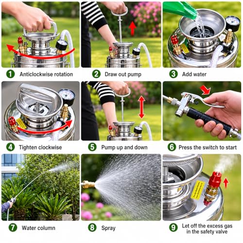 1.5Gal Stainless Steel Pump Up Sprayer Reinforced Hose, Hand Pump Sprayer with Pressure Gauge&Safety Valve, Adjustable Nozzle Suitable for Gardening (1.5 Gallon) - style: 1.5 Gal