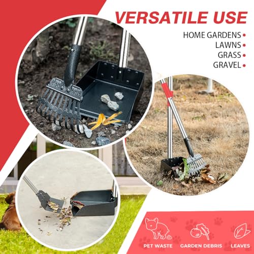 FUSBUNTY Long Handle Dog Pooper Scooper, Heavy Duty Stainless Steel Rake | Includes Tray & Spade for Pet Waste Removal. Rust-Proof Metal Scoop Set for Grass, Dirt, Gravel, Yard & Outdoor Clean Up. - color: Red-Standard